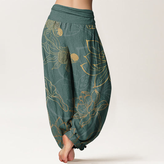 AuraVeya Pure Cotton Lotus Leaf Koi Fish Women's Elastic Waist Harem Pants - image 1
