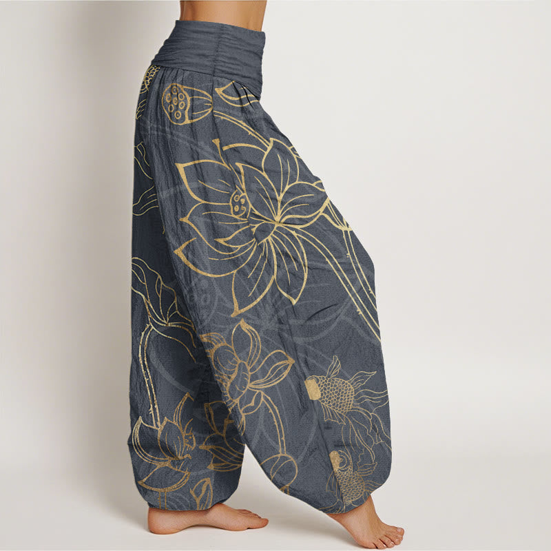 AuraVeya Pure Cotton Lotus Leaf Koi Fish Women's Elastic Waist Harem Pants - image 7