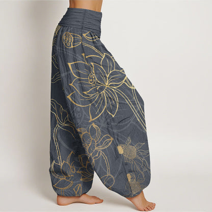 AuraVeya Pure Cotton Lotus Leaf Koi Fish Women's Elastic Waist Harem Pants - image 7