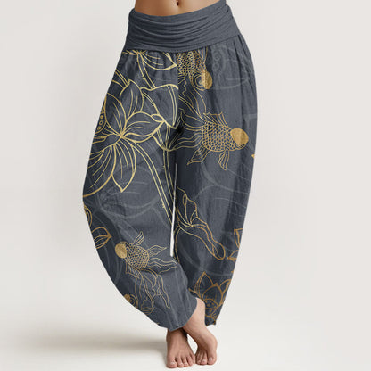 AuraVeya Pure Cotton Lotus Leaf Koi Fish Women's Elastic Waist Harem Pants - DimGray - US22，UK/AU26，EU54 (6XL) - image 5