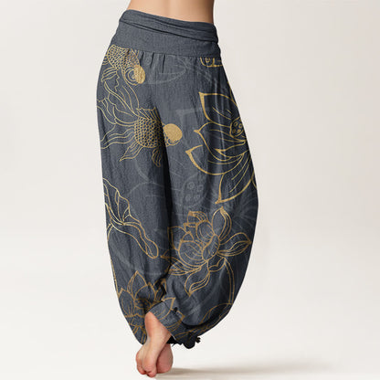 AuraVeya Pure Cotton Lotus Leaf Koi Fish Women's Elastic Waist Harem Pants - image 6