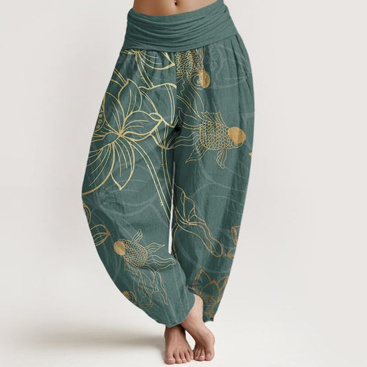 AuraVeya Pure Cotton Lotus Leaf Koi Fish Women's Elastic Waist Harem Pants - DarkCyan - US22，UK/AU26，EU54 (6XL) - image 0