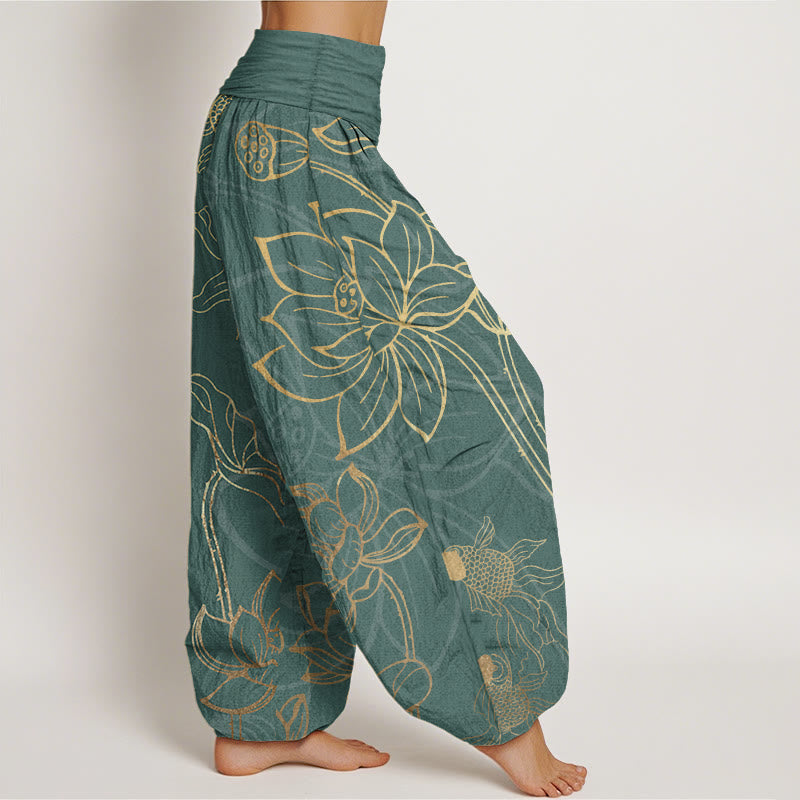 AuraVeya Pure Cotton Lotus Leaf Koi Fish Women's Elastic Waist Harem Pants - image 2