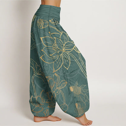 AuraVeya Pure Cotton Lotus Leaf Koi Fish Women's Elastic Waist Harem Pants - image 2