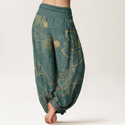 AuraVeya Pure Cotton Lotus Leaf Koi Fish Women's Elastic Waist Harem Pants - image 1