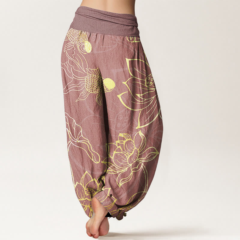 AuraVeya Pure Cotton Lotus Leaf Koi Fish Women's Elastic Waist Harem Pants - image 15