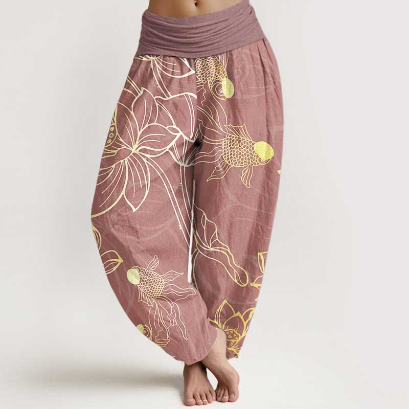 AuraVeya Pure Cotton Lotus Leaf Koi Fish Women's Elastic Waist Harem Pants - PaleVioletRed - US22，UK/AU26，EU54 (6XL) - image 14