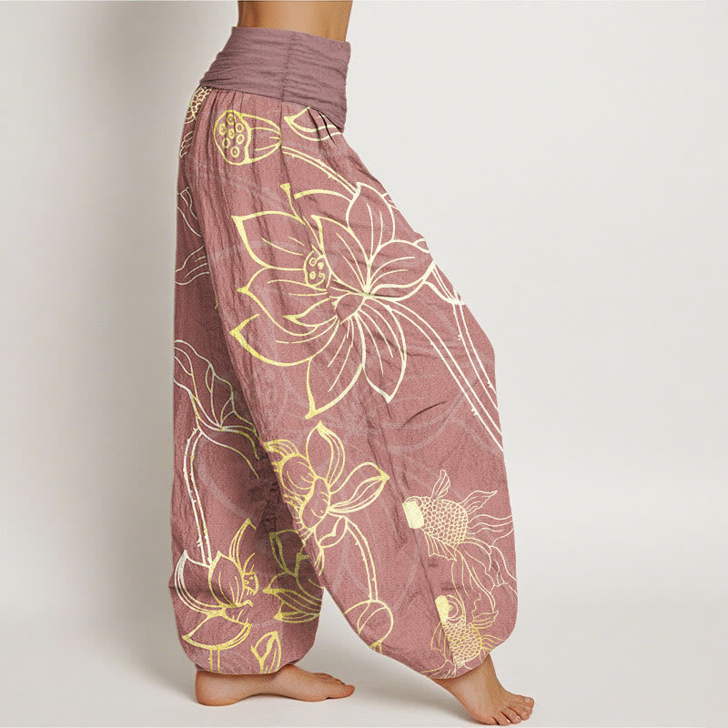 AuraVeya Pure Cotton Lotus Leaf Koi Fish Women's Elastic Waist Harem Pants - image 16
