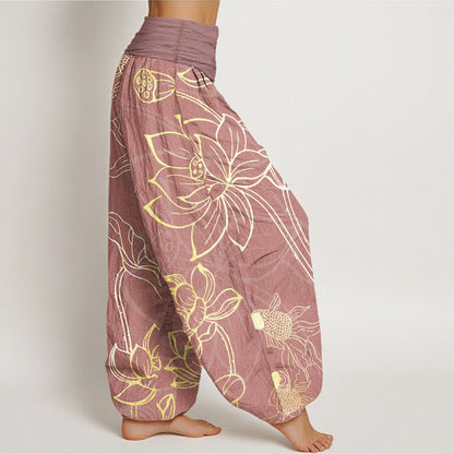 AuraVeya Pure Cotton Lotus Leaf Koi Fish Women's Elastic Waist Harem Pants - image 16