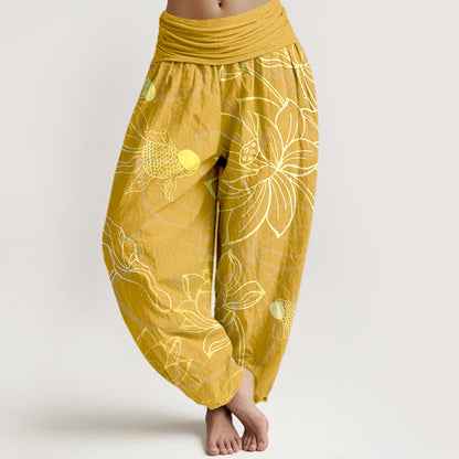 AuraVeya Pure Cotton Lotus Leaf Koi Fish Women's Elastic Waist Harem Pants - Gold - US22，UK/AU26，EU54 (6XL) - image 11