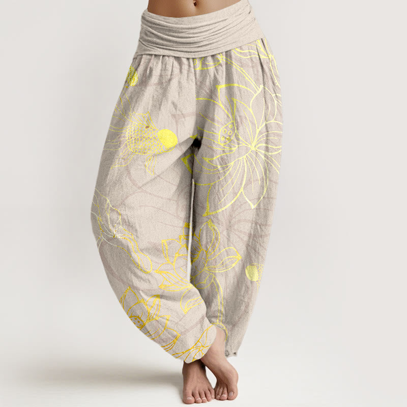 AuraVeya Pure Cotton Lotus Leaf Koi Fish Women's Elastic Waist Harem Pants - Beige - US22，UK/AU26，EU54 (6XL) - image 8