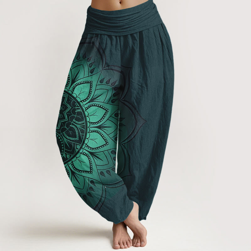 AuraVeya Cotton Symmetrical Mandala Pattern Women's Elastic Waist Harem Pants - Teal - US16，UK/AU20，EU48 (3XL) - image 5