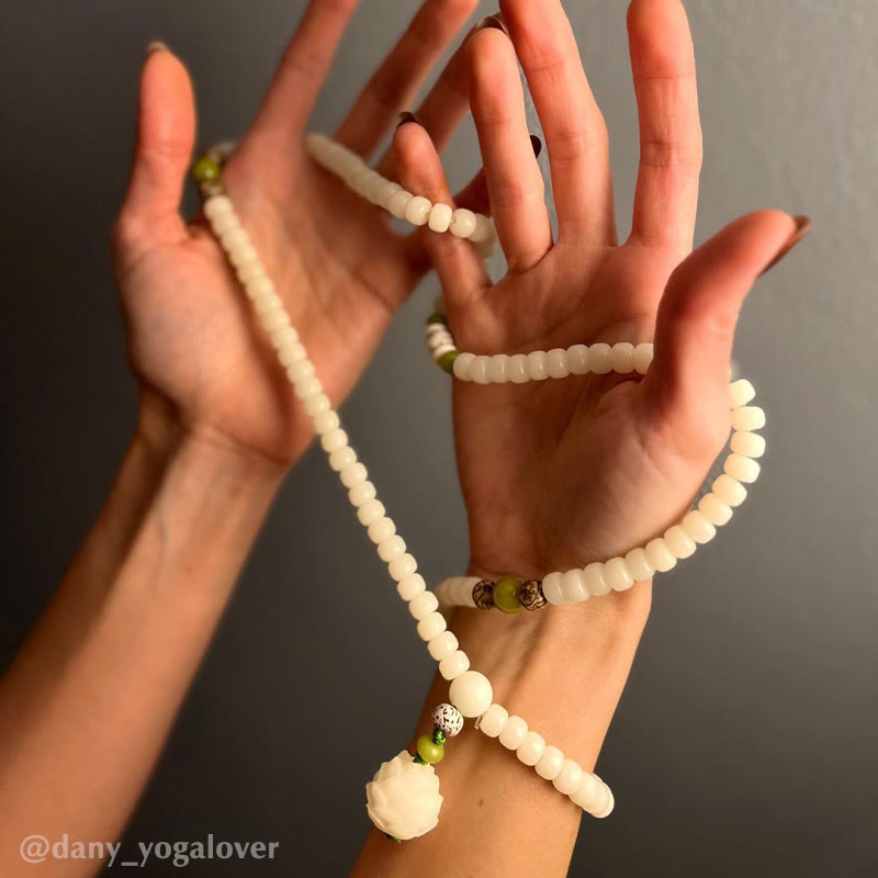 AuraVeya White Jade Bodhi Lotus Mala Harmony Necklace Bracelet Bracelet BS 19