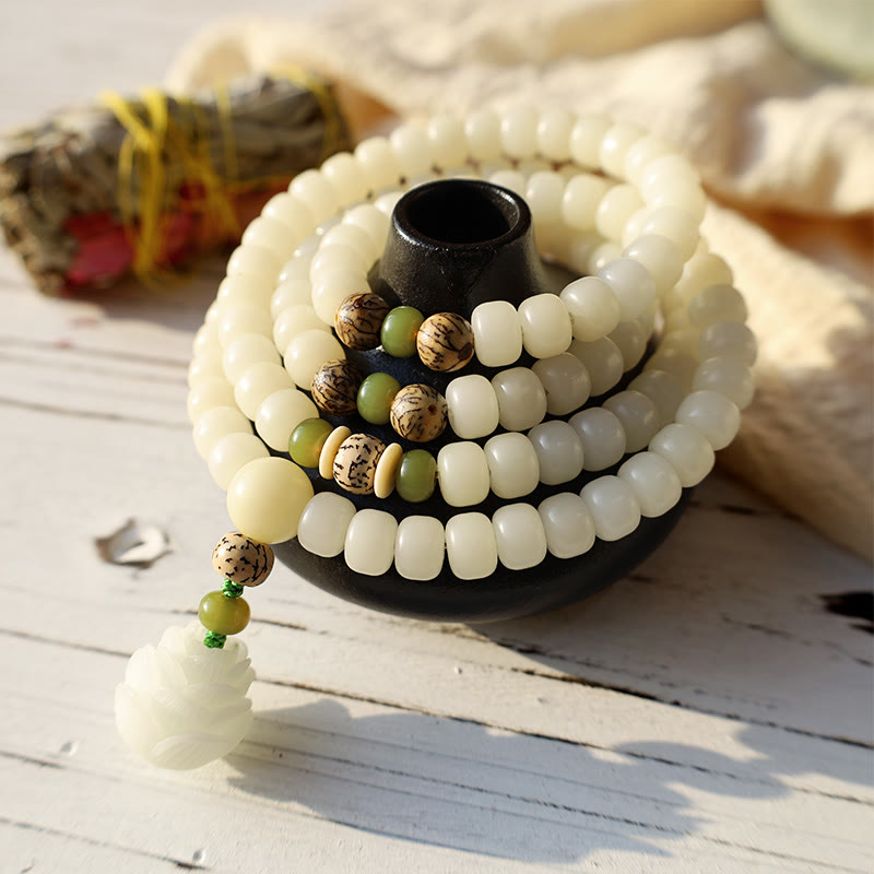 AuraVeya White Jade Bodhi Lotus Mala Harmony Necklace Bracelet Bracelet BS 2