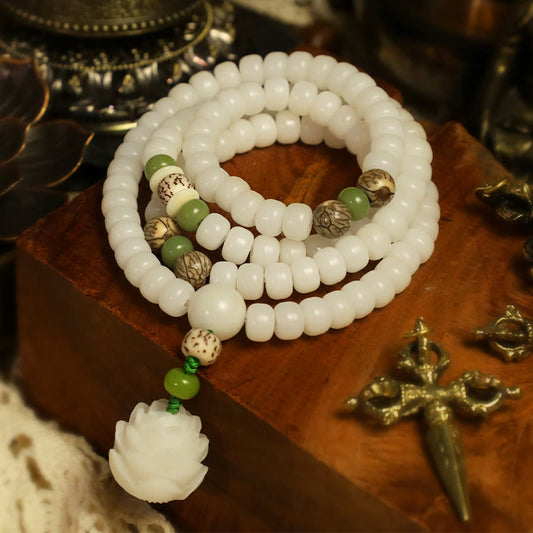 AuraVeya White Jade Bodhi Lotus Mala Harmony Necklace Bracelet Bracelet BS 1