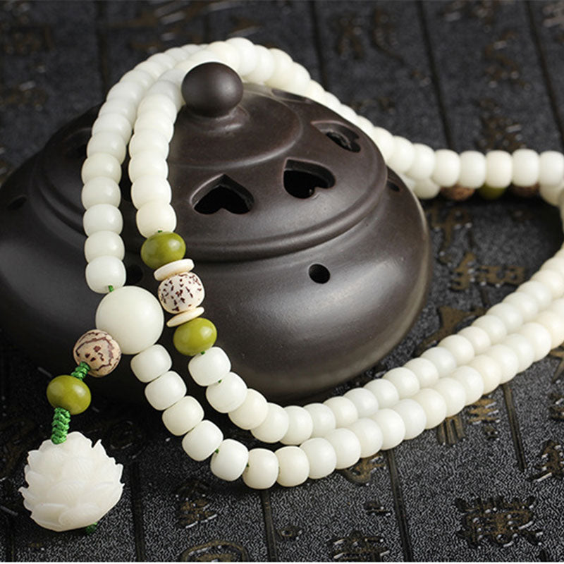 AuraVeya White Jade Bodhi Lotus Mala Harmony Necklace Bracelet Bracelet BS 21